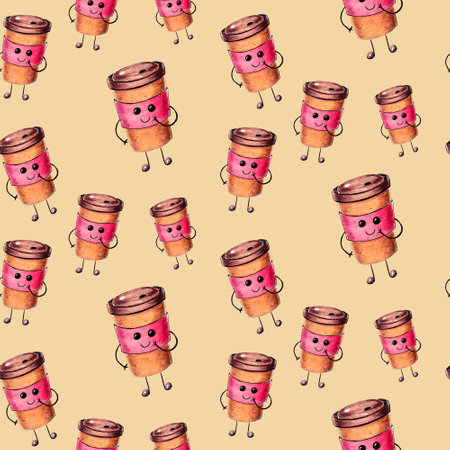 Hand drawn watercolor pattern with Coffee cupの写真素材