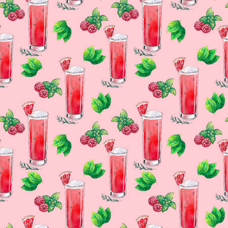 Hand drawn watercolor pattern with drink. Cocktail, mint and berryの写真素材
