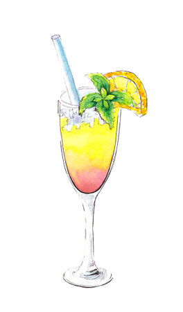 Hand drawn watercolor summer drink. Glass of refreshing cocktail with lemon and mintの写真素材
