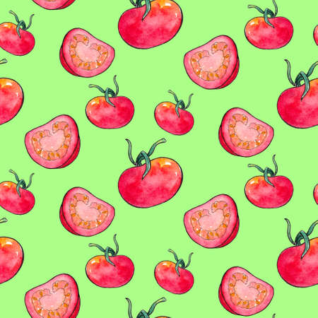 Hand drawn watercolor seamless square pattern with vegetables. Tomatoの写真素材