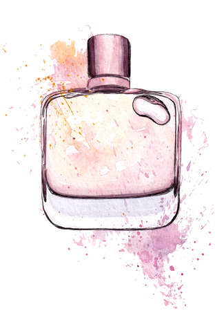 Hand drawn watercolor Bottle of perfume, scent fragranceの写真素材