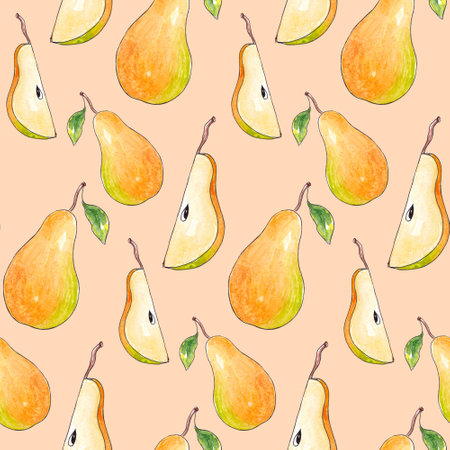 Hand drawn watercolor seamless pattern with Natural ripe fruit - Pearの写真素材