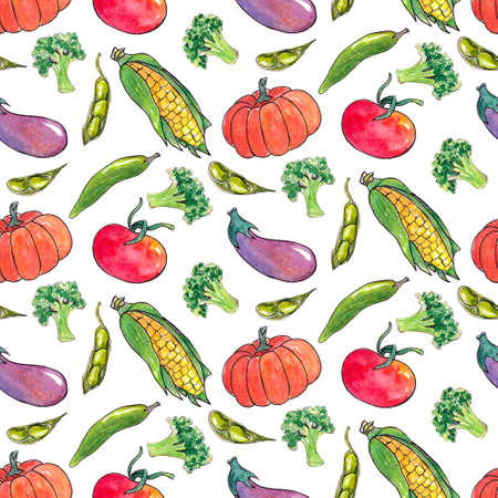 Hand drawn watercolor seamless pattern with vegetables.