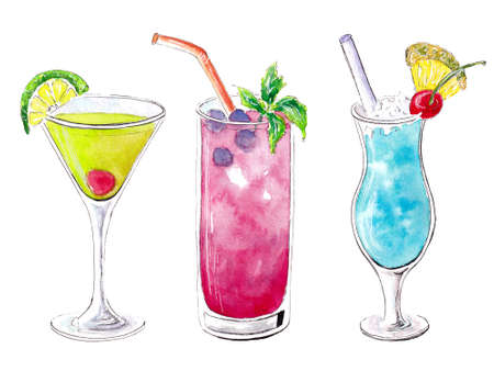 Hand drawn watercolor Set of tropical cocktailsの写真素材