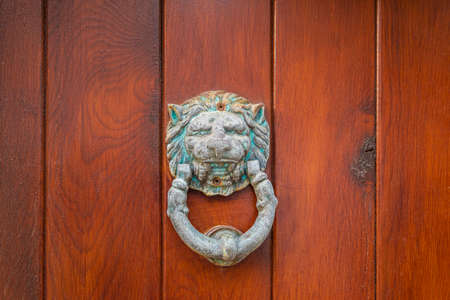 building's facade. A lion handle on a wooden door. door knocker. architectural detail. close-upの写真素材