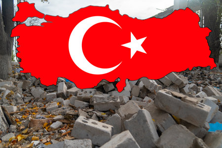 Earthquake Turkey. The national flag of Turkey in the form of a map of Turkey against the background...