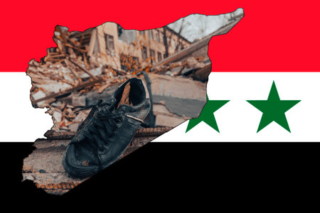 The blue shoe lies on the ruins of a destroyed house (close-up). A picture in the form of a map of...
