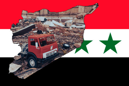 Children's toy on the background of the destroyed building. A picture in the form of a map of Syria...