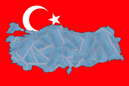 Randomly placed blue medical masks in the form of a geographical map of Turkey against the background of the national flag of Turkey. mask mode. Pandemic. Quarantine. Zero Covidの写真素材
