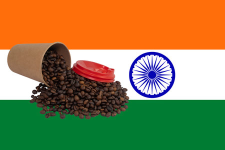 Coffee cup and coffee beans. The concept of export and import of coffee.の写真素材