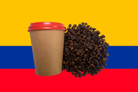 Coffee cup with coffee beans on Colombia flag background. 3D renderingの写真素材