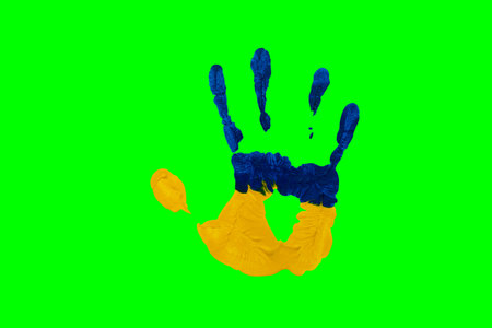 A yellow-blue print of a human palm on a green background (chroma key). National symbols of Ukraineの写真素材
