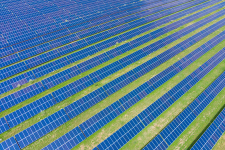 Top view of the solar power plant (close-up). Ecology. Alternative green energy. Zero emissions. drone. air viewの写真素材
