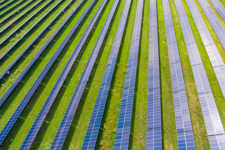 Top view of the solar power plant (close-up). Ecology. Alternative green energy. Zero emissions....