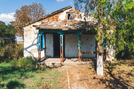Countryside. A house destroyed by shelling. War in Ukraineの写真素材