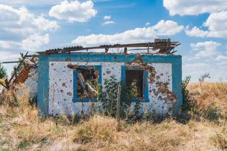 Countryside. A house destroyed by shelling. War in Ukraineの写真素材