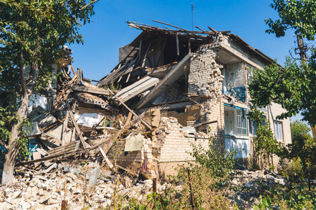 Countryside. A house destroyed by shelling. War in Ukraine
