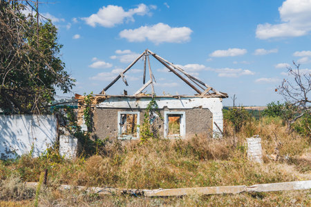 Countryside. A house destroyed by shelling. War in Ukraineの写真素材
