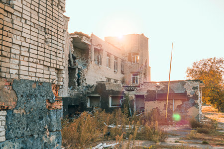 The school was damaged by shelling. War in Ukraineの写真素材
