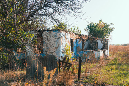 Countryside. A house destroyed by shelling. War in Ukraineの写真素材