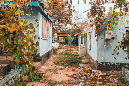 Countryside. The yard in front of the house was destroyed.の写真素材