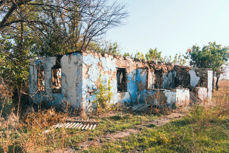 Countryside. A house destroyed by shelling.の写真素材