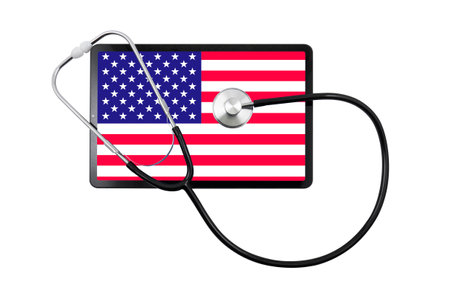 Tablet PC with USA flag on screen and medical stethoscope isolated on white background. US healthcare system conceptの写真素材