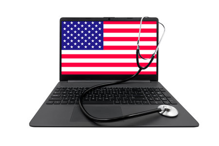 Healthcare and medical concept, laptop with American flag on display, 3D rendering isolated on white backgroundの写真素材