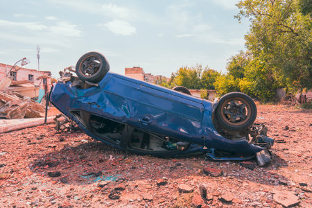 Damaged civilian car after missile strike. Russia's invasion of Ukraine.の写真素材