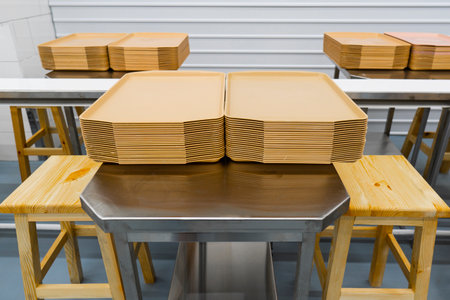 Food industry. Workplace for manual preparation of food products in a food factory. Concept of food...