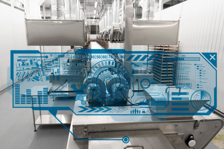 Industrial production line equipment with a futuristic blue digital HUD overlay displaying data and...