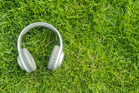 A modern over-ear headphone on a vibrant green lawn on a summer day, symbolizing music and relaxation outdoorsの写真素材