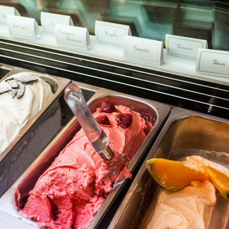 Close up of ice cream on display in a shop, stock photoの写真素材