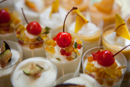 catering buffet for events - sweet desserts and desserts in small glassesの写真素材