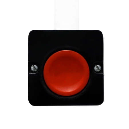 Isolated photo of a real red button. White background with a clicking mechanism. start, stop, alarm...