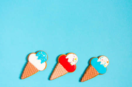 gingerbread on a blue background. High quality photo Flatly place for text