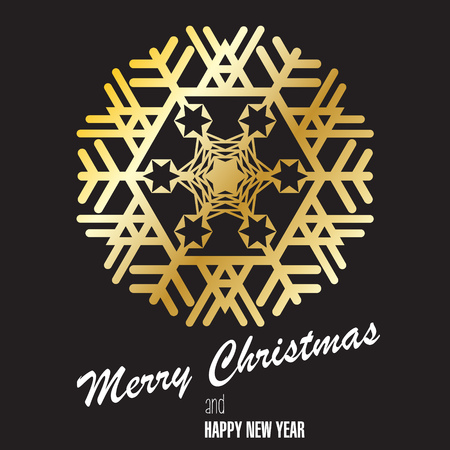 Gold snowflake on black background. Postcard, congratulating. Merry Christmas, Happy New Year. Vector image.のイラスト素材