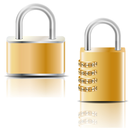 Golden padlock and golden combination padlock. Vector image.のイラスト素材