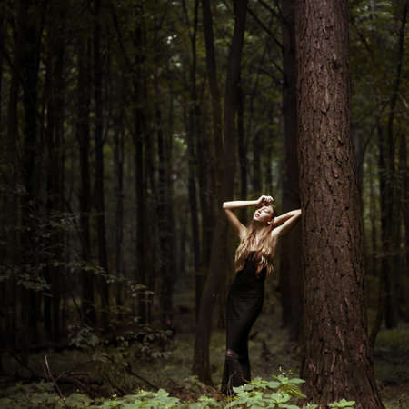Romantic girl posing in the forestの写真素材