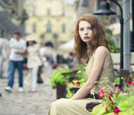 portrait of a beautiful girl on the streets of the beautiful cityの写真素材