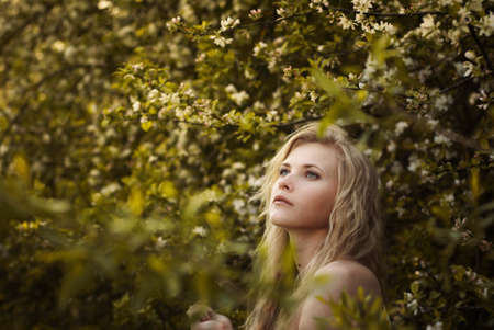 beautiful blonde among the flowers in the parkの写真素材