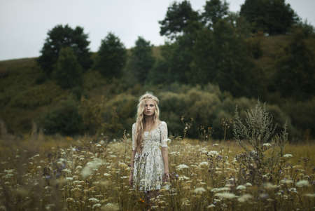 beautiful girl in a summer fieldの写真素材