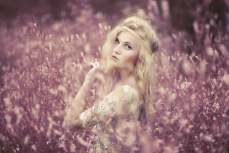 beautiful blonde in the fieldの写真素材