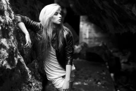 beautiful blonde posing outdoorsの写真素材