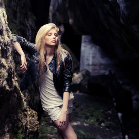 beautiful blonde posing outdoors の写真素材