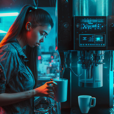 Young asian woman in a denim shirt drinks coffee from a cup in a cafe.の素材