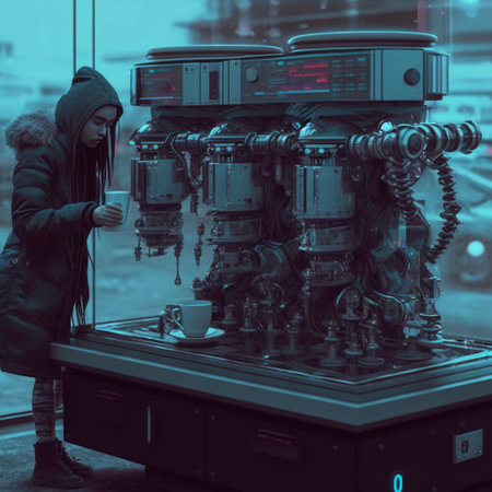 3d rendering of a female robot working on a machine in a laboratoryの素材