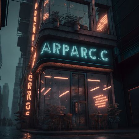 3D rendering of a cafe with neon lights in the night.の素材