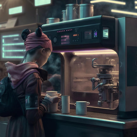 Coffee machine at night in the city. A woman is preparing coffee.の素材