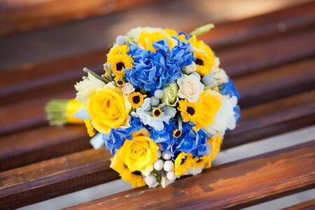 Close up of wedding yellow blue ukranian bouquetの写真素材